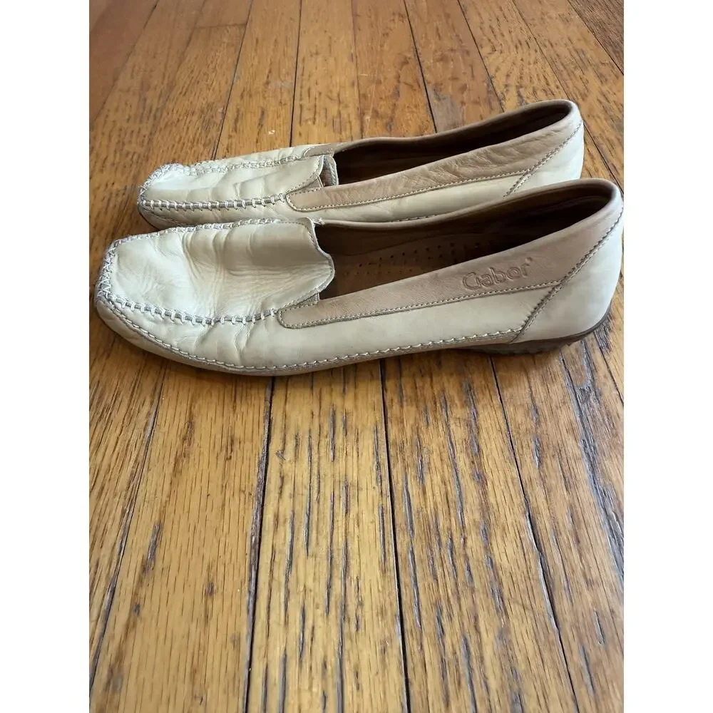 Gabor Sport Loafer Shoes Womens Size 7 Beige Leather Moc Toe Slip On 360688